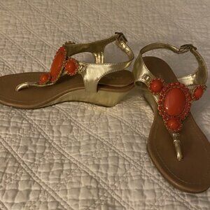 Gold and coral BCBGeneration jeweled wedge sandals